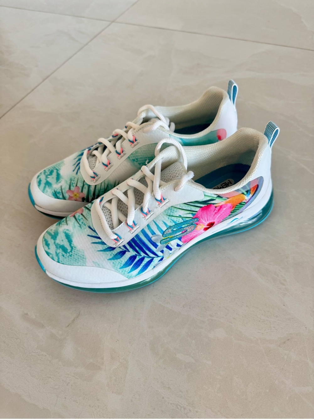 Skechers Memory Foam Floral Tropical Print Women's Sneakers - Teal & White - Picture 9 of 9